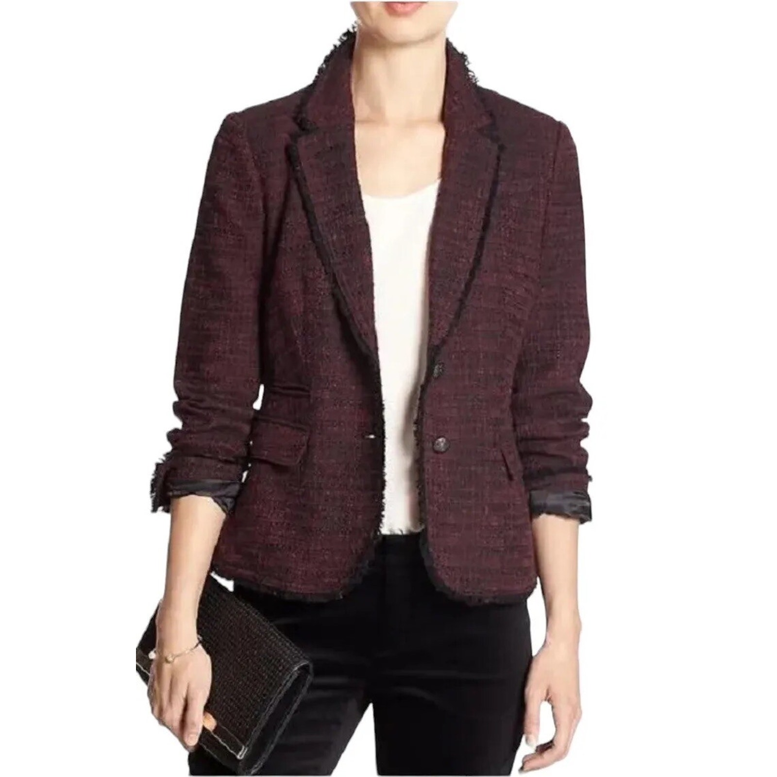 Banana Republic Boucle Raw Edge Academy Blazer Ruby Wine 2p Petite